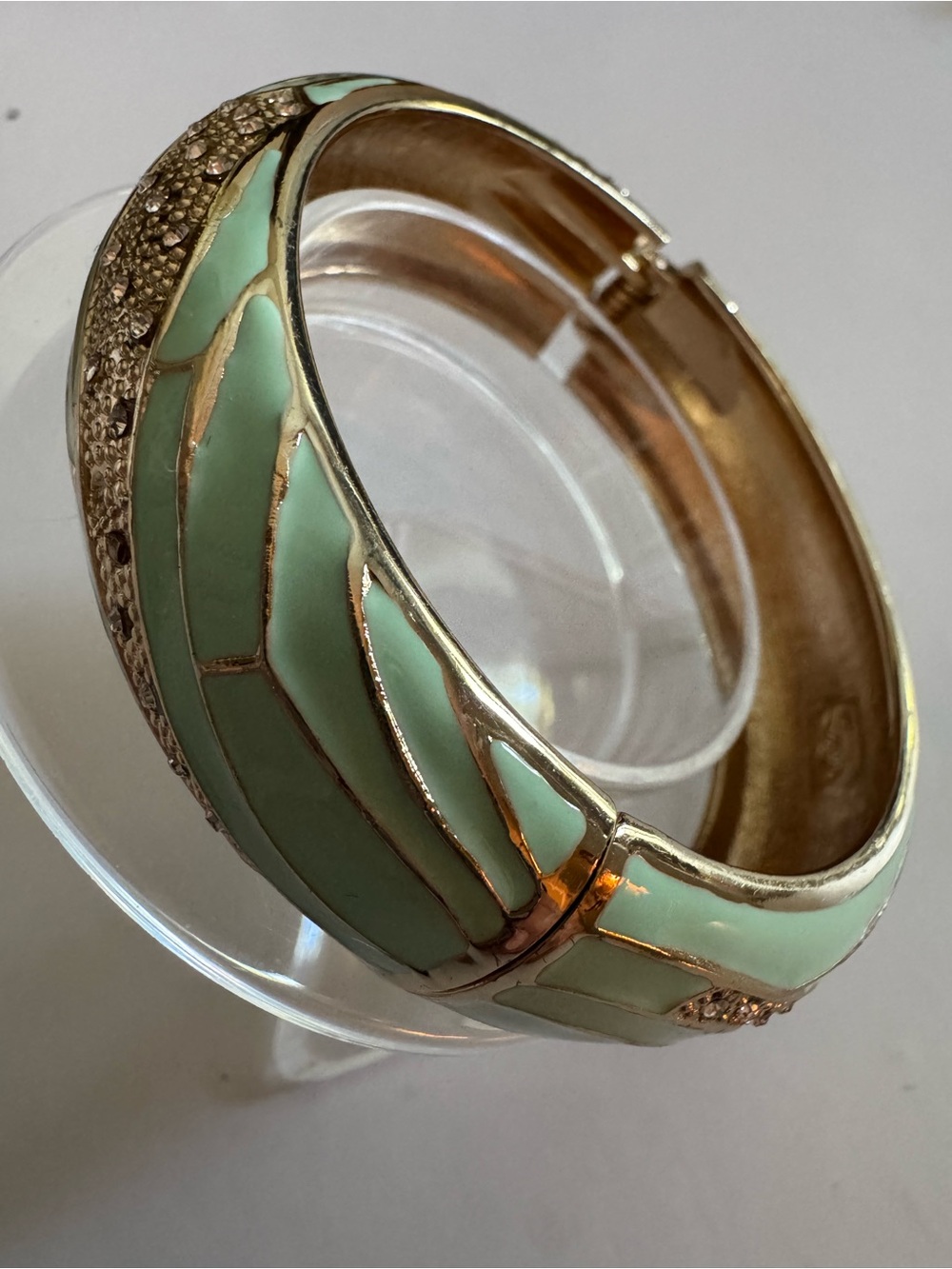 Gold-Tone Hinged Bracelet with Mint Green Enamel and Crystal Accents